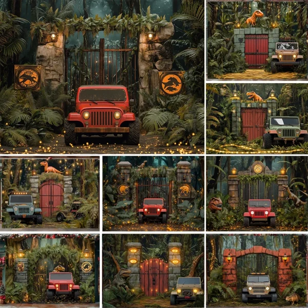 LS Dinosaur Park Theme Photography Background Cake Smash Boys Birthday Party Photo Backdrop Forest Adventure Car Decor Props